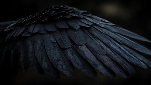 Raven wing macro reveals layered midnight feathers. Period.