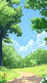 Forest clearing with canopy foliage, sky, and vegetation
