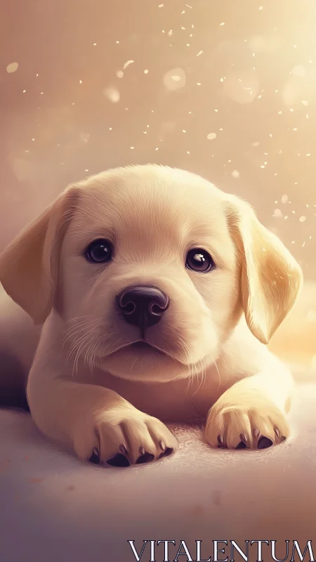 Digital painting of golden puppy in soft bokeh light field.