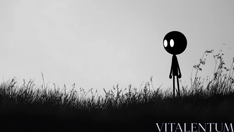 Silhouette figure in monochrome field under soft gradient sky.