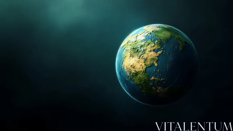 Rendered terrestrial globe shows lit landmasses in space