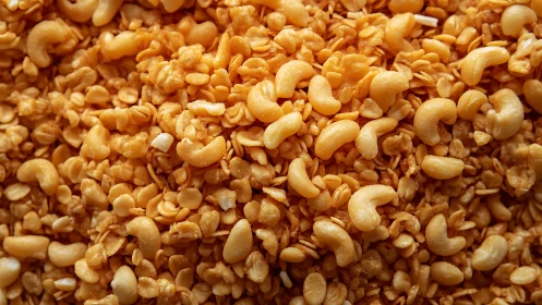 Crunchy cashew granola mix in tight macro composition.