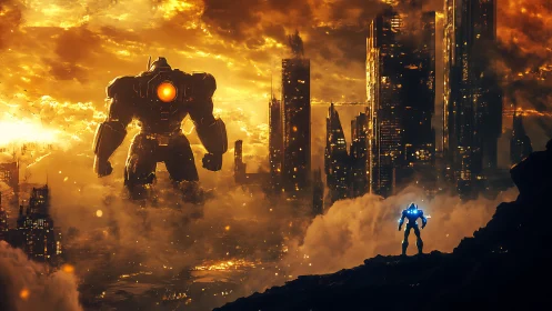 Colossal war mech confronts lone pilot above burning megacity