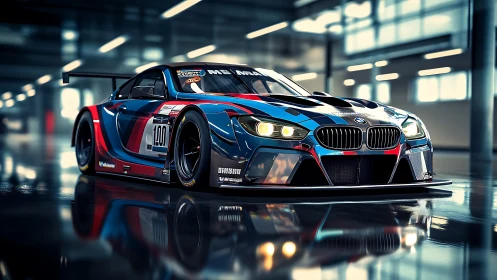 BMW race car model is rendered in a reflective workshop