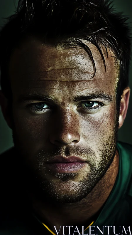 Intense male portrait under dramatic low key directional light.