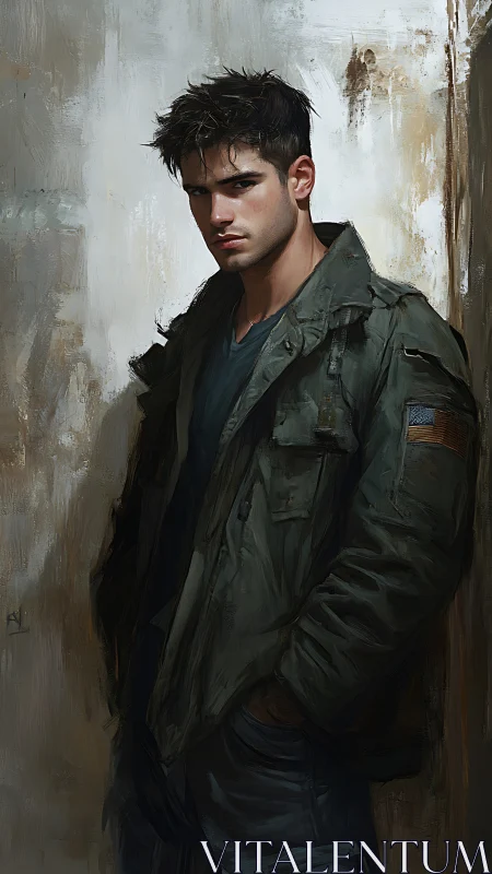 Male figure in military-style jacket against worn wall.