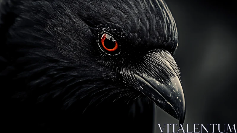 High-contrast raven macro portrait with scarlet reflective eye
