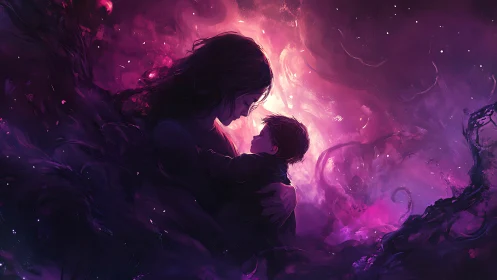 Mother and Child in Luminous Purple Embrace.