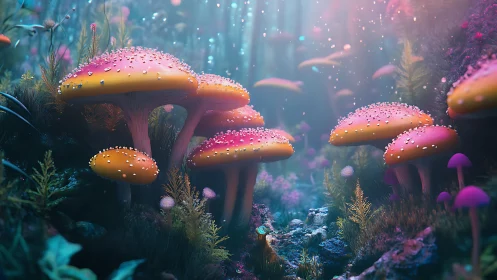 Glowing fantasy mushrooms in a colorful forest scene.