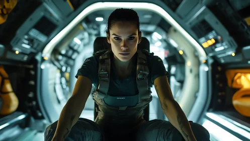 Starship vanguard poised in neon-lit alloy corridors of fate.