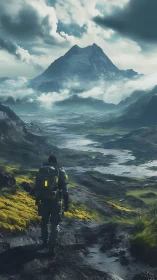 Solitary explorer crossing mossy valley toward distant peak.