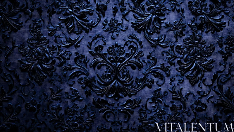 Deep navy baroque damask relief with glossy ornamental scrolls