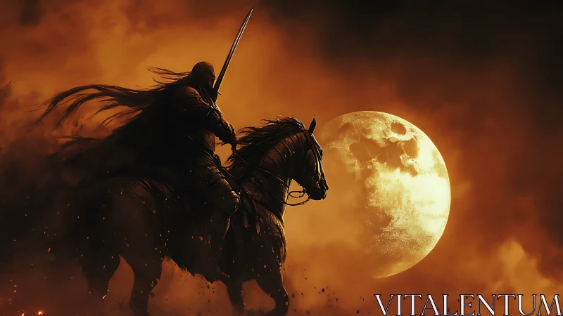 Moonlit warrior rides through burning night skies with resolve
