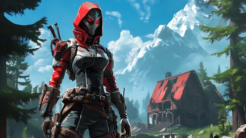 Red-hooded cyber ranger guarding a shattered alpine refuge.