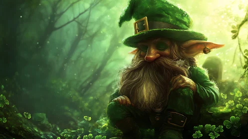 Gentle forest leprechaun resting in a dreamy green glow.