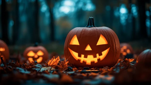 Glowing jack o lanterns light misty forest floor at dusk.