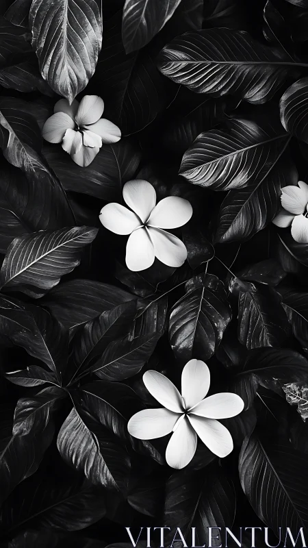 Monochromatic Botanical Study: White Flowers Against Textured Dark Foliage.