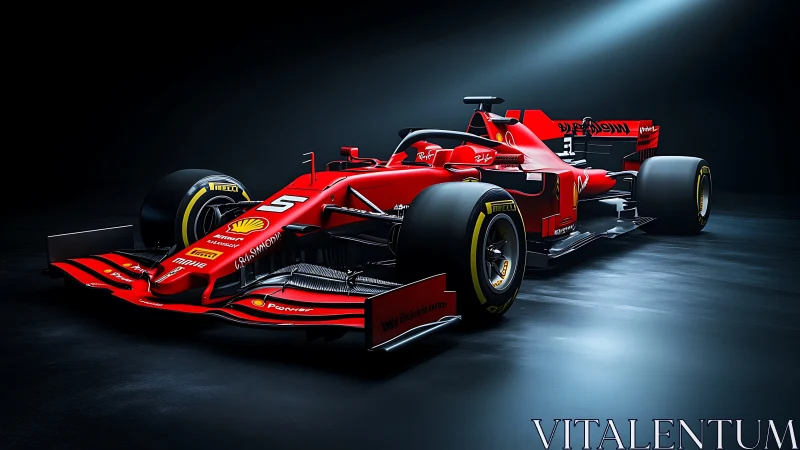 Red Formula 1 racing car under dramatic studio spotlight.