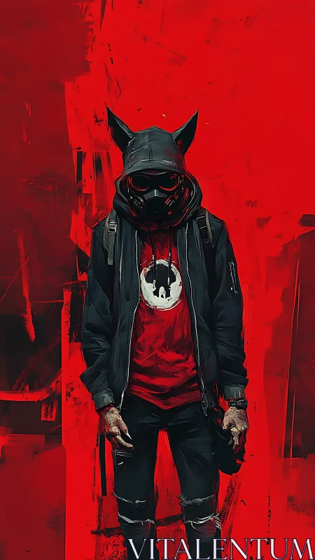 Hooded masked figure in dark streetwear on red abstract field.