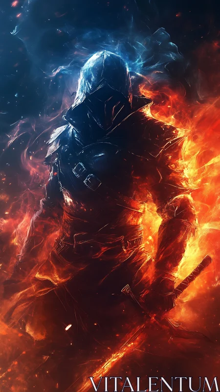 Emberclad shadow warrior striding through twin-born flames.