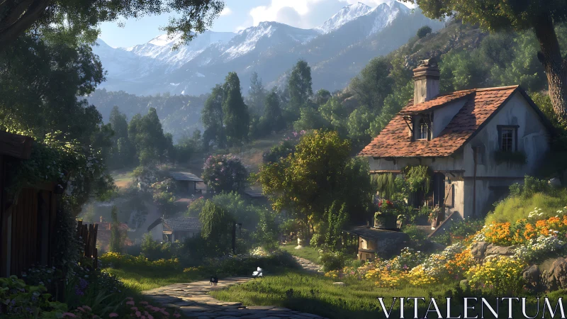 Sunlit cottage garden beneath distant alpine peaks.