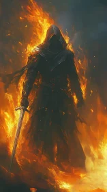 Flaming hooded warrior strides through fire with steady grace