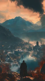 Cloaked figure overlooks snowy valley village at sunset