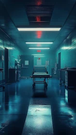 Quiet hospital corridor glows with cool light and deep suspense