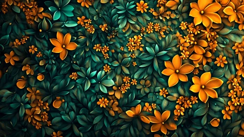 Orange flowers bloom among deep teal foliage in layered botanical composition