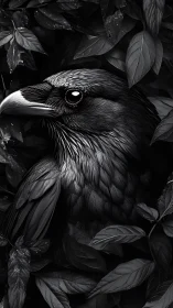 Monochrome raven portrait concealed in dense foliage detail.
