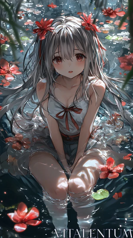 Girl with red eyes sits in shallow water among floating flowers
