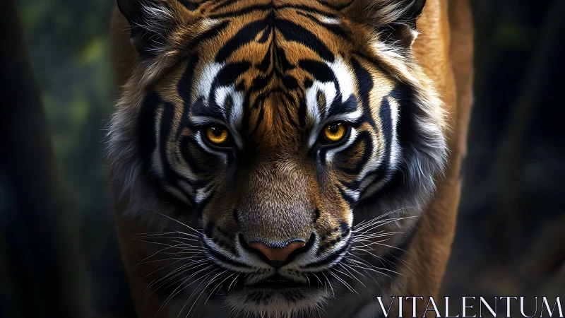 Predatory tiger portrait in moody low key jungle lighting.