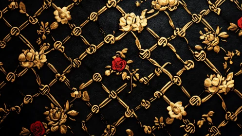 Gold floral lattice embroidery on black leather surface.