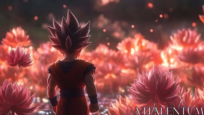 Anime warrior kid stands in glowing pink lotus field.
