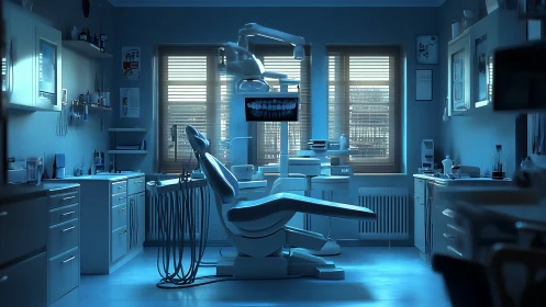 Modern blue-lit dental surgery room with empty chair.