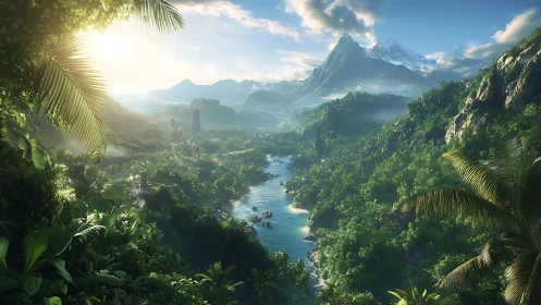 Tropical Canyon Landscape: Luminous Valley with Cascading River and Distant Peaks