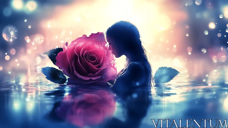 Ethereal Portrait with Luminescent Magenta Rose in Reflective Waters.