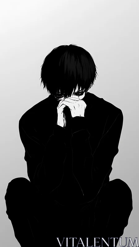 Shadowed boy in monochrome silence, folded into thought.