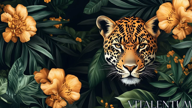 Digital jungle portrait with leopard and florals, symmetric focus.