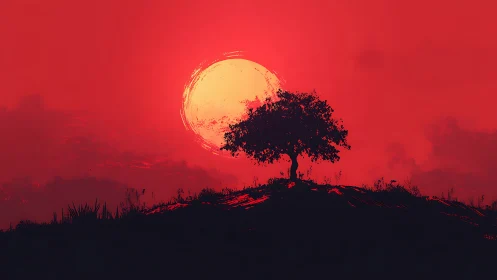 Solitary hilltop tree glowing under a fiery red sunset.