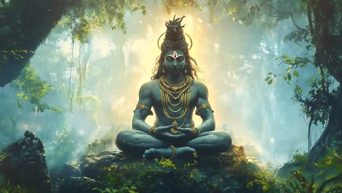Meditative blue deity rendered in volumetric forest light gradients