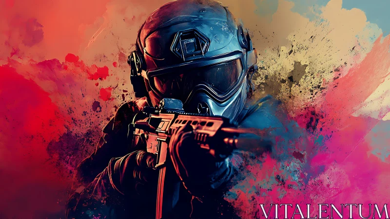 Armored soldier aiming rifle in abstract color field.