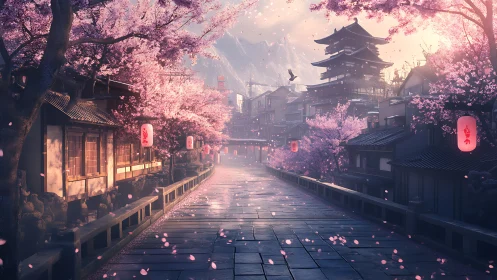 Cherry lined street frames distant pagoda in soft dusk light