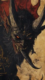 Demonic horned beast portrait with blazing eyes and fang blade.
