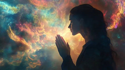 Woman in glowing nebula light finds a quiet moment of wonder.