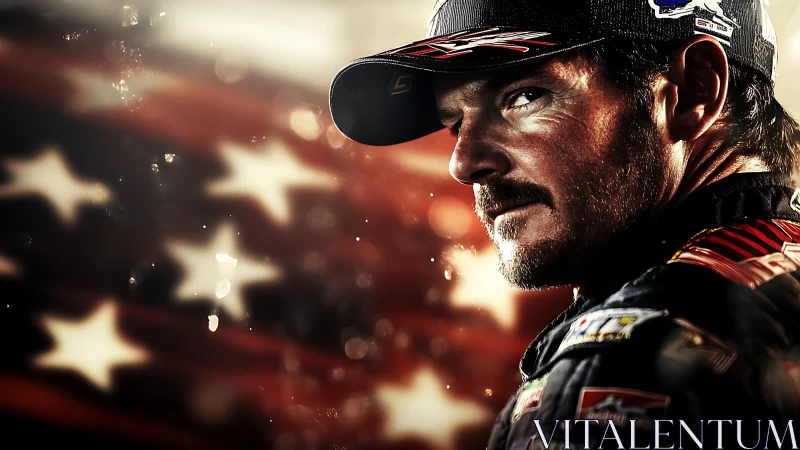Portrait of racing driver before blurred American flag background.
