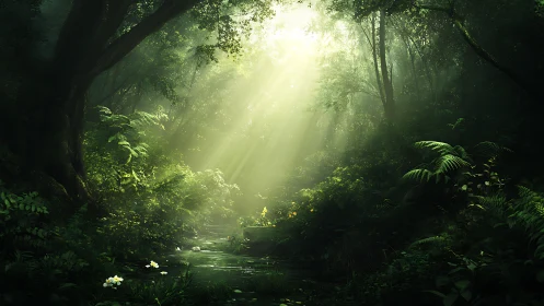 Forest stream with crepuscular light rays through dense canopy.