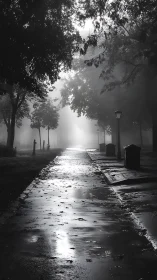 Monochrome misted parkway with reflective wet pavement study.