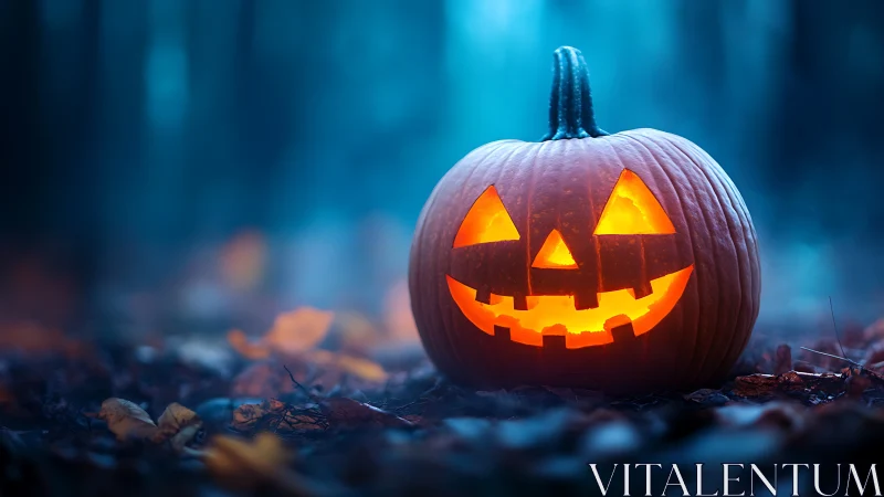 Glowing jack-o-lantern smiles warmly in a misty twilight forest