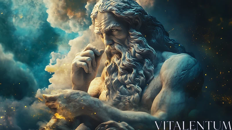 Storm-lit marble god in cosmic cloudscape broods in thought.